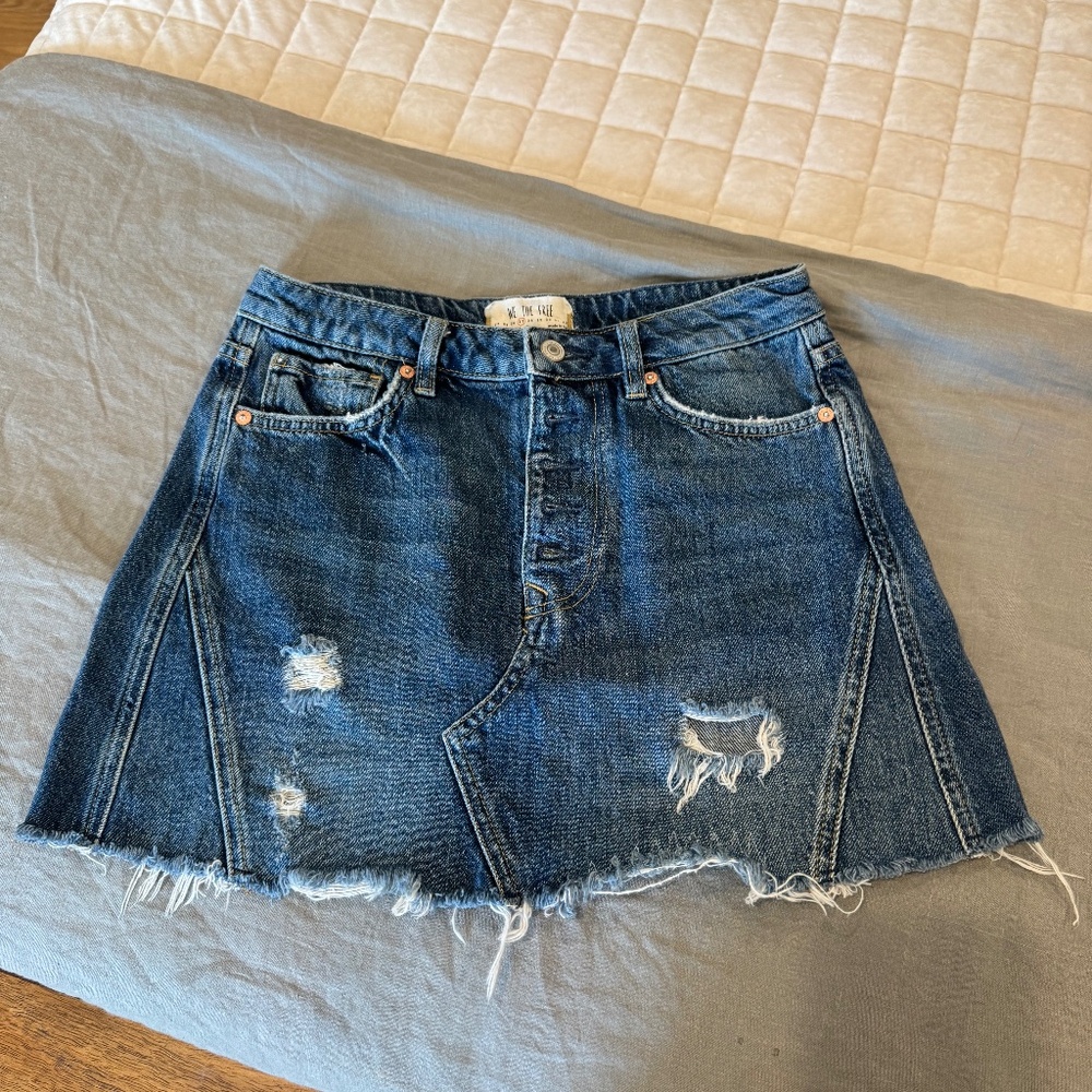 Free People Button Fly Distressed Shredded Fringe Hem Cutoff Jean Skirt